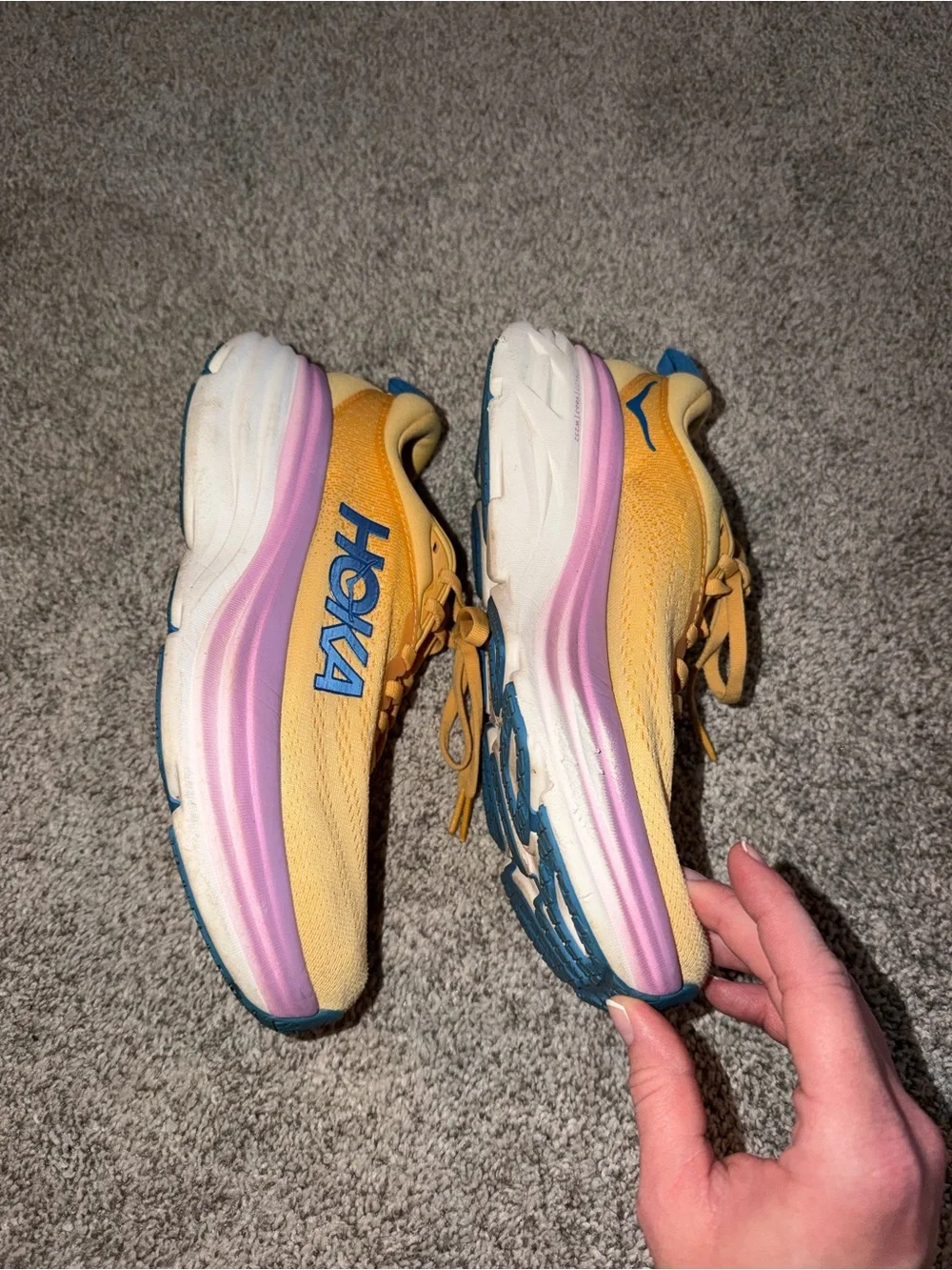 Hoka Women's W BONDI 8 Orange Athletic Running Shoes Purple and Blue Accents